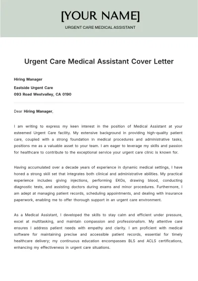 Free Urgent Care Medical Assistant Cover Letter to Edit Online