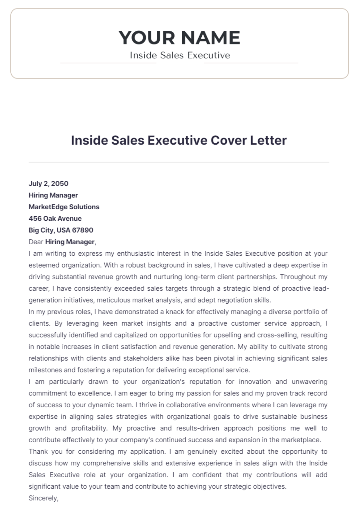 Inside Sales Executive Cover Letter - Edit Online & Download