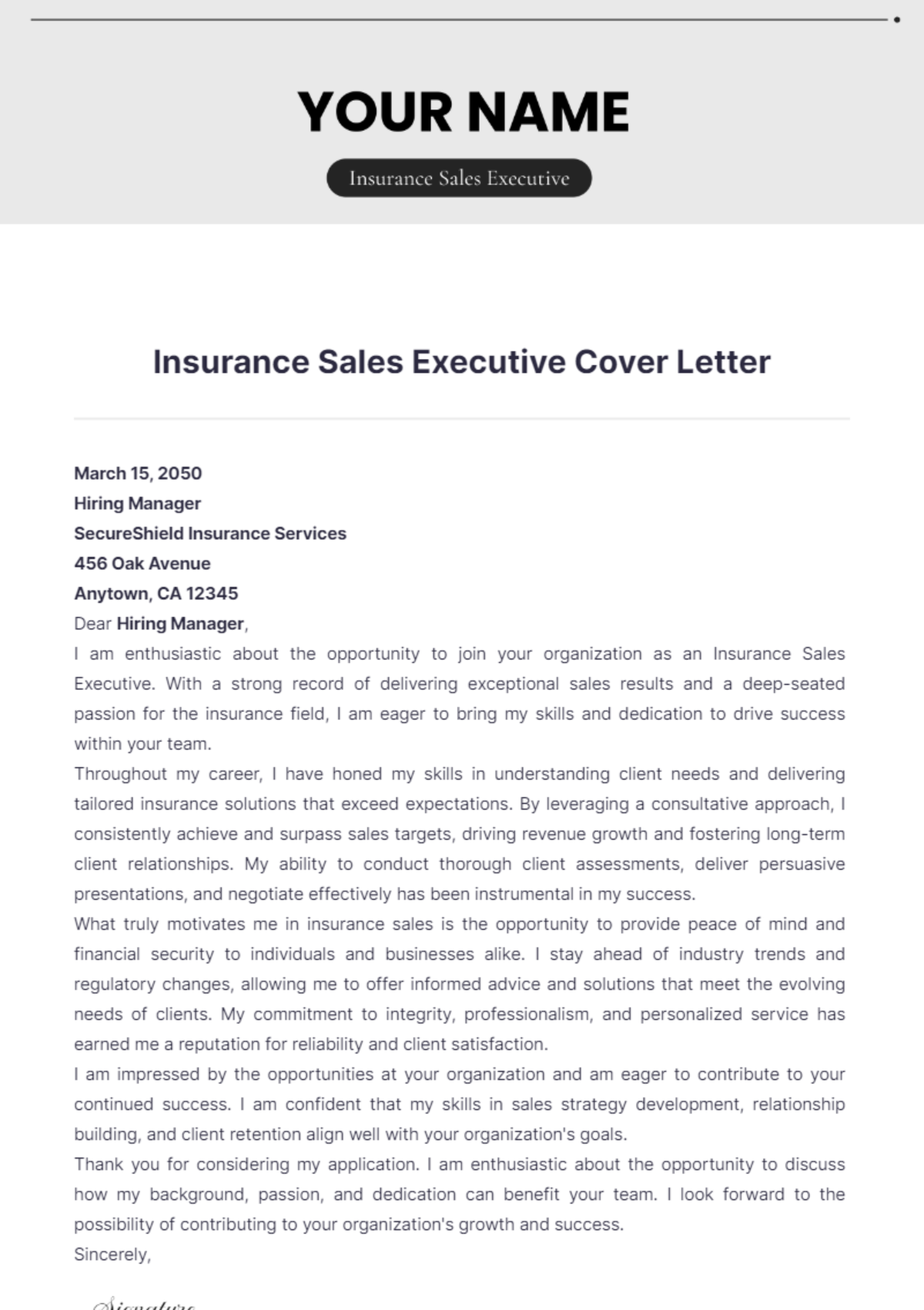 Insurance Sales Executive Cover Letter - Edit Online & Download