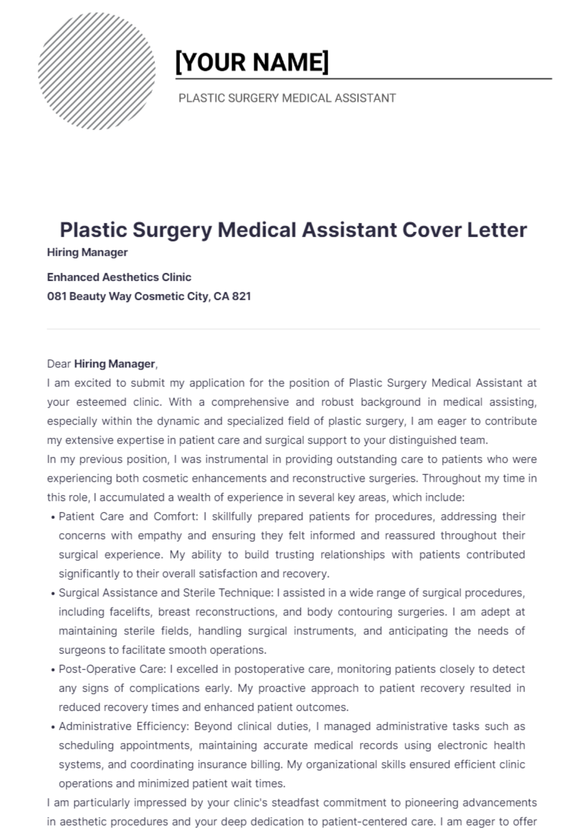 Plastic Surgery Medical Assistant Cover Letter - Edit Online & Download