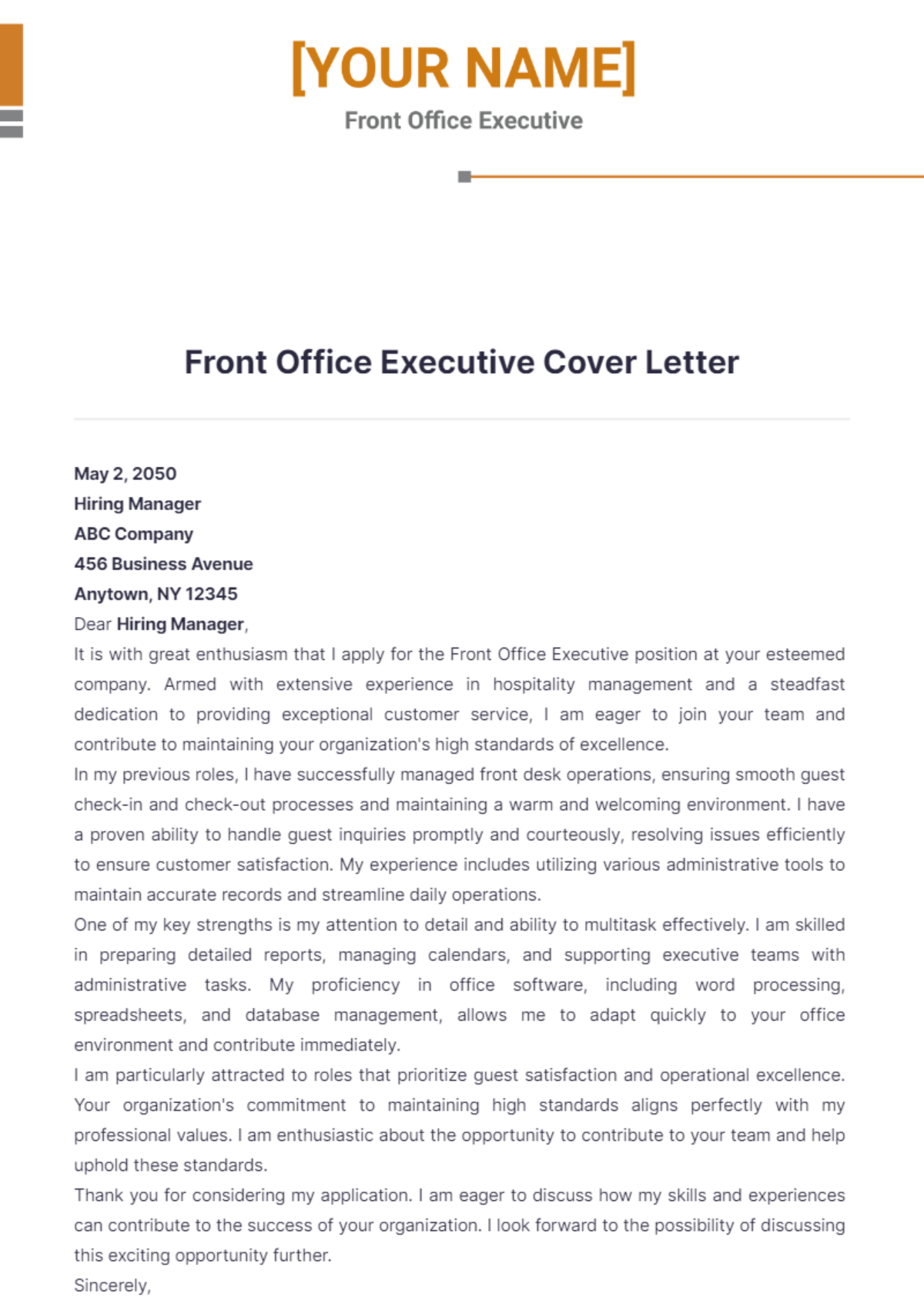 Front Office Executive Cover Letter - Edit Online & Download