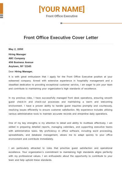 Free Front Office Executive Cover Letter to Edit Online