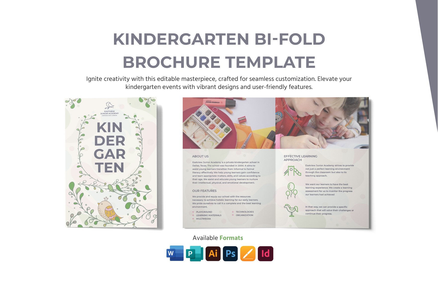 Kindergarten Bi- Fold Brochure Template in Word, Illustrator, PSD, Apple Pages, Publisher, InDesign