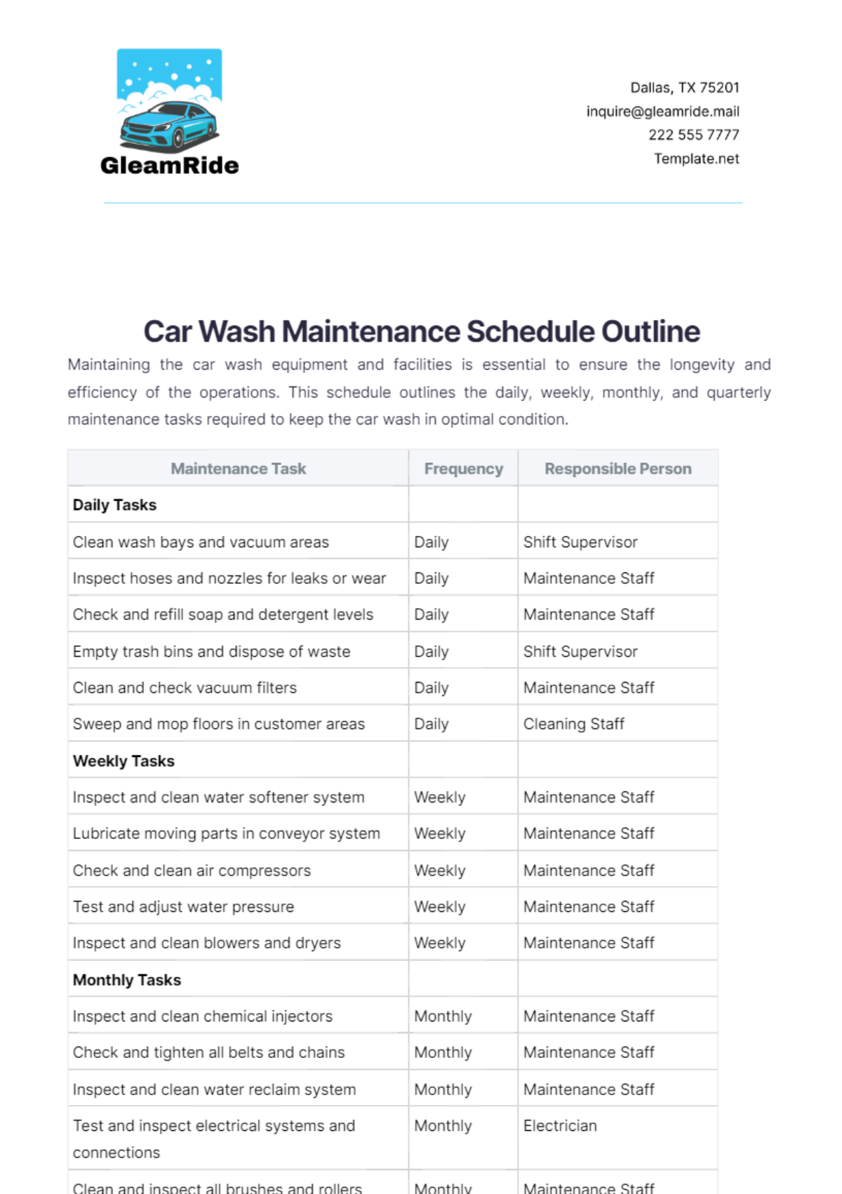 Car Wash Maintenance Schedule Outline Template - Edit Online & Download