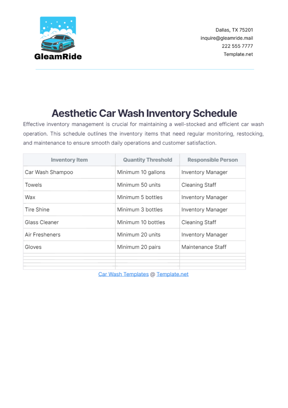 Aesthetic Car Wash Inventory Schedule Template - Edit Online & Download