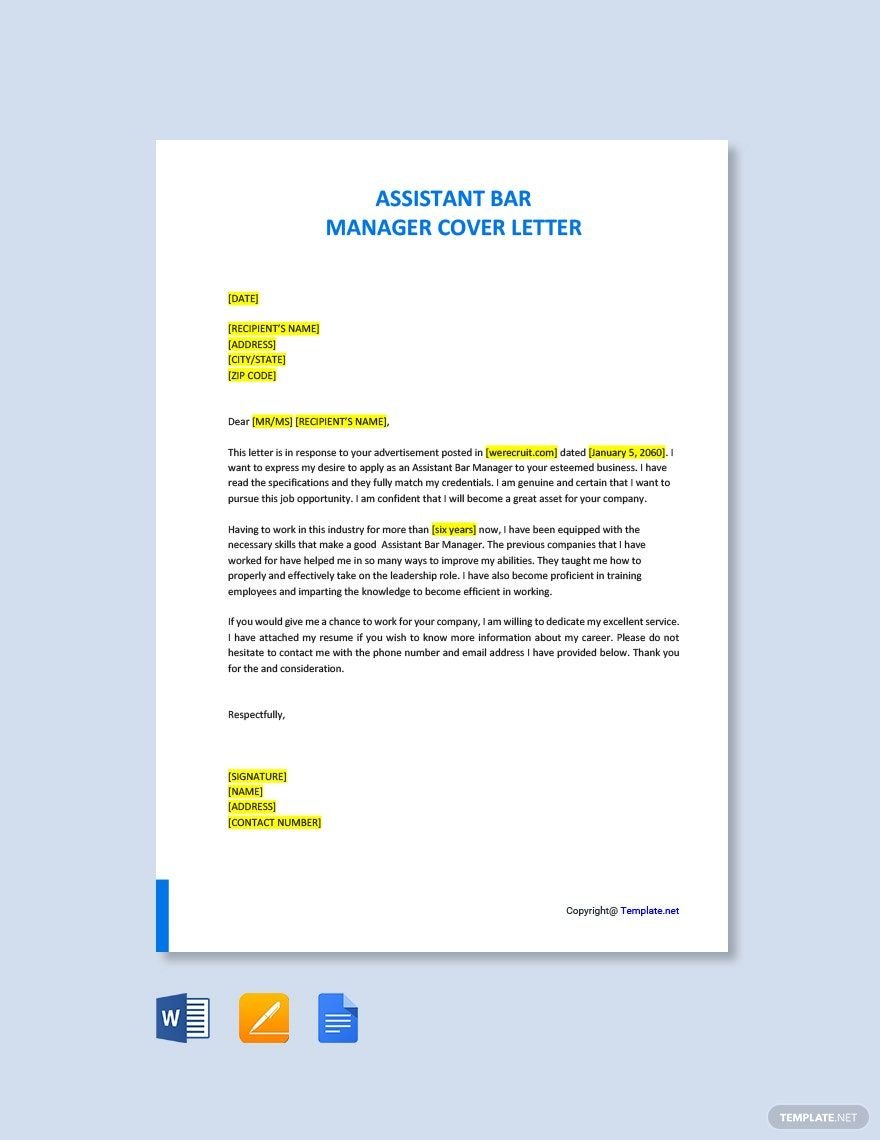Assistant Bar Manager Cover Letter Template