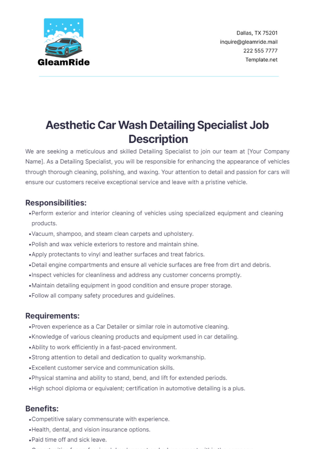 Aesthetic Car Wash Detailing Specialist Job Description Template - Edit Online & Download