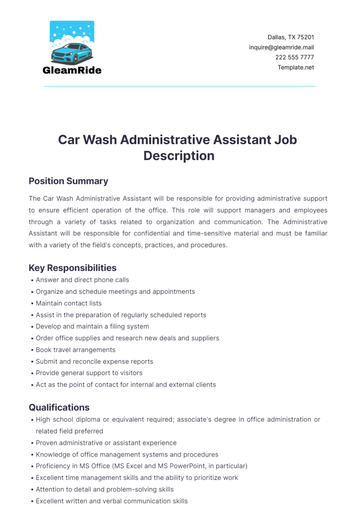 Car Wash Administrative Assistant Job Description Template - Edit Online & Download