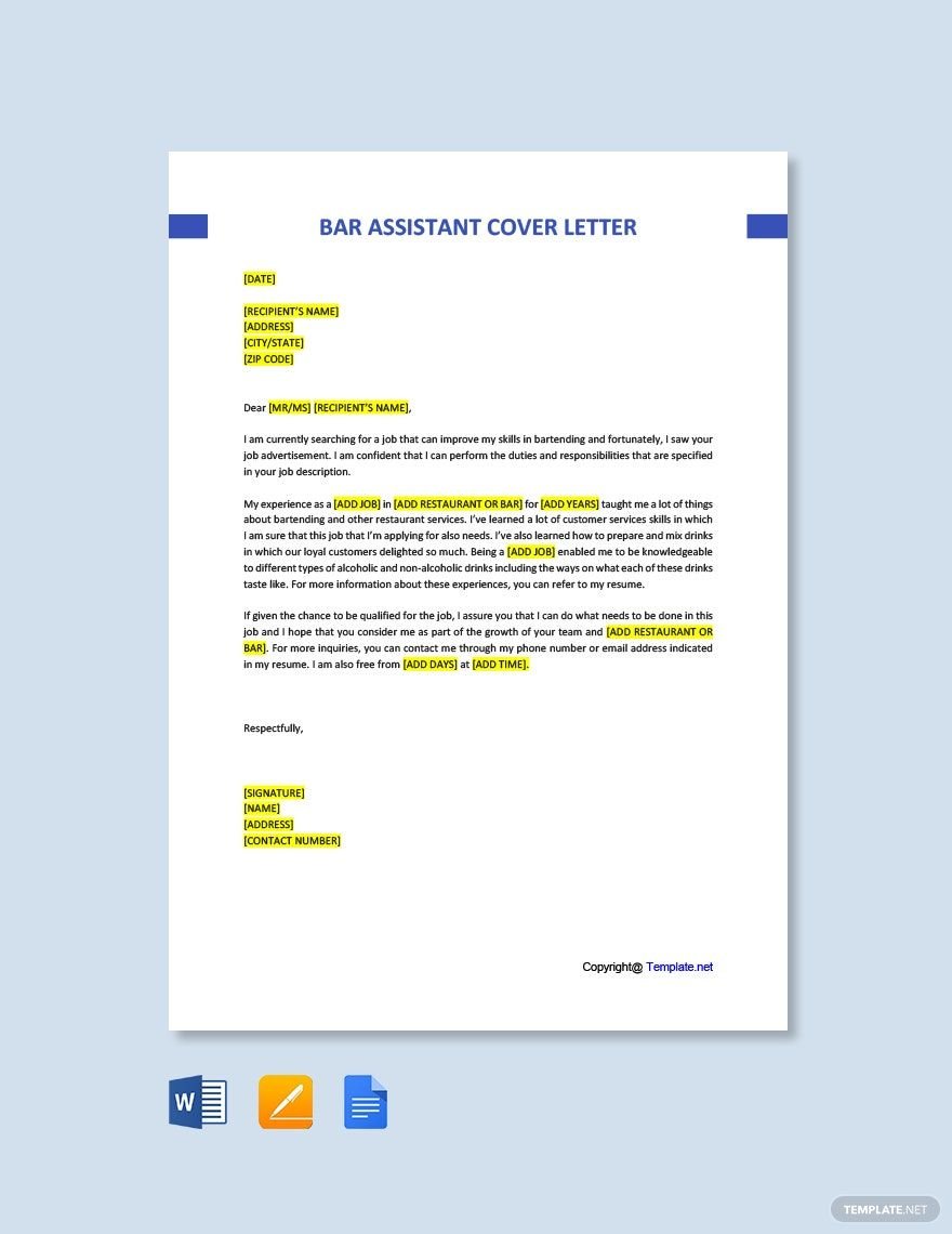 Bar Assistant Cover Letter Template
