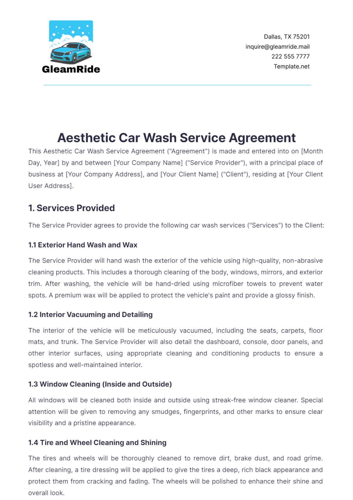 Aesthetic Car Wash Service Agreement Template - Edit Online & Download