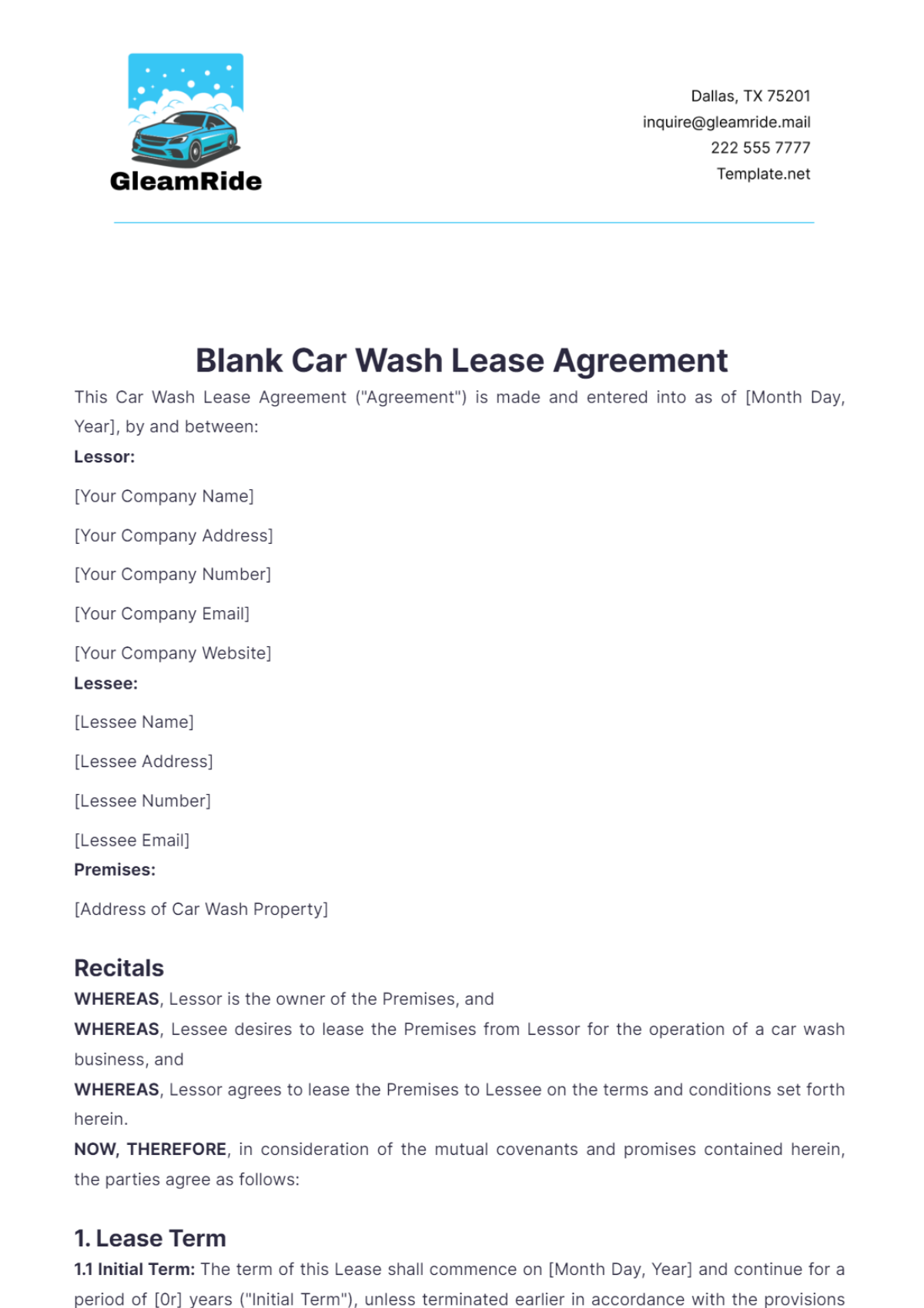 Blank Car Wash Lease Agreement Template - Edit Online & Download