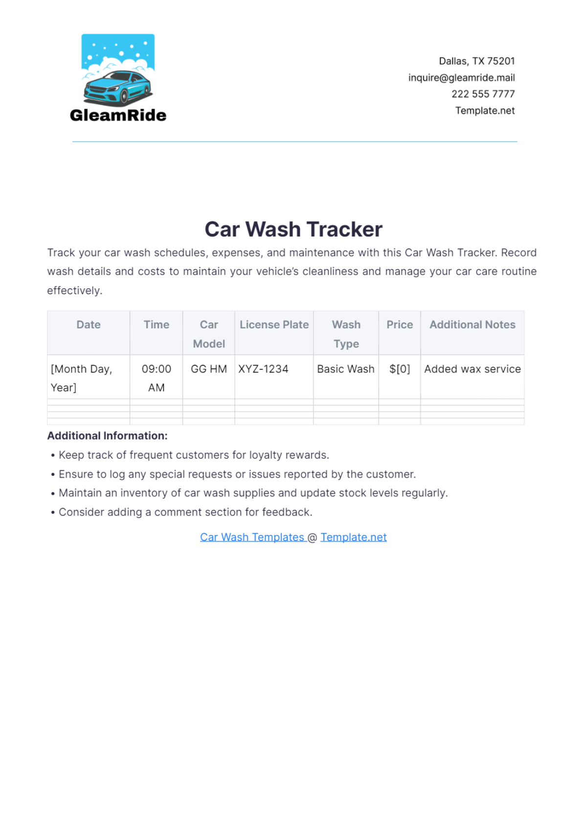 Car Wash Tracker Template - Edit Online & Download