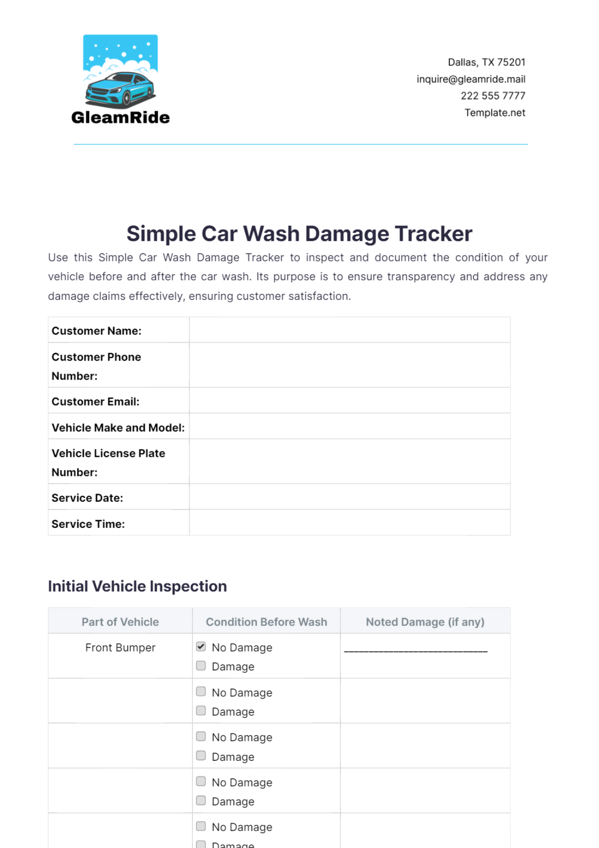 Simple Car Wash Damage Tracker Template - Edit Online & Download