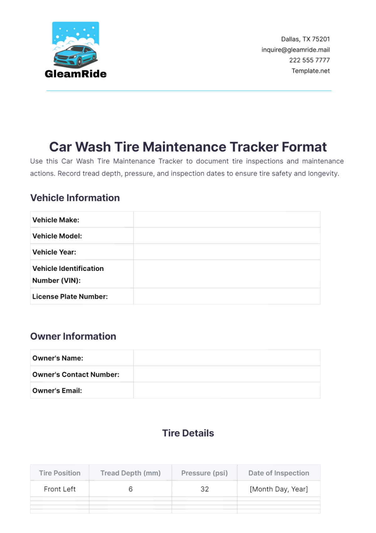 Car Wash Tire Maintenance Tracker Format Template - Edit Online & Download