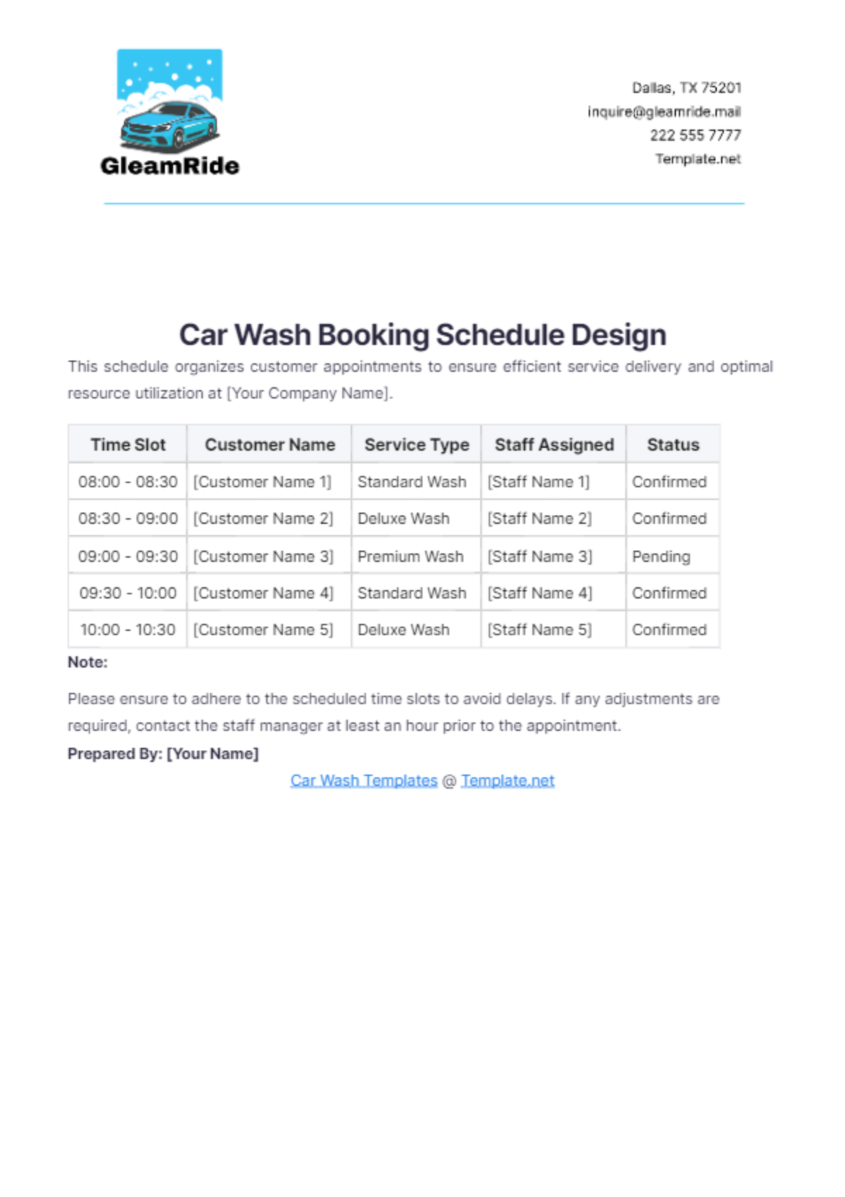 Car Wash Booking Schedule Design Template - Edit Online & Download