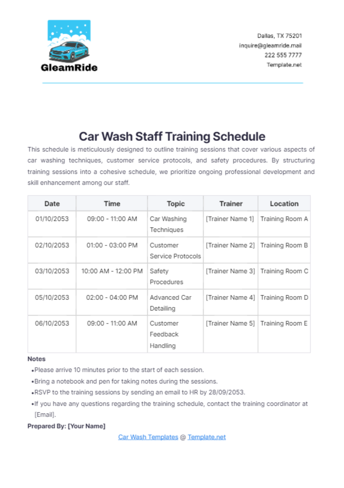 Car Wash Staff Training Schedule Template - Edit Online & Download