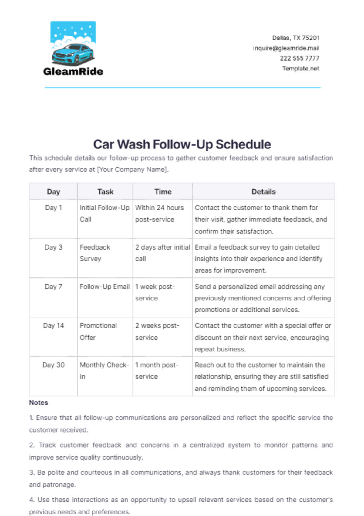 Car Wash Follow-Up Schedule Template - Edit Online & Download