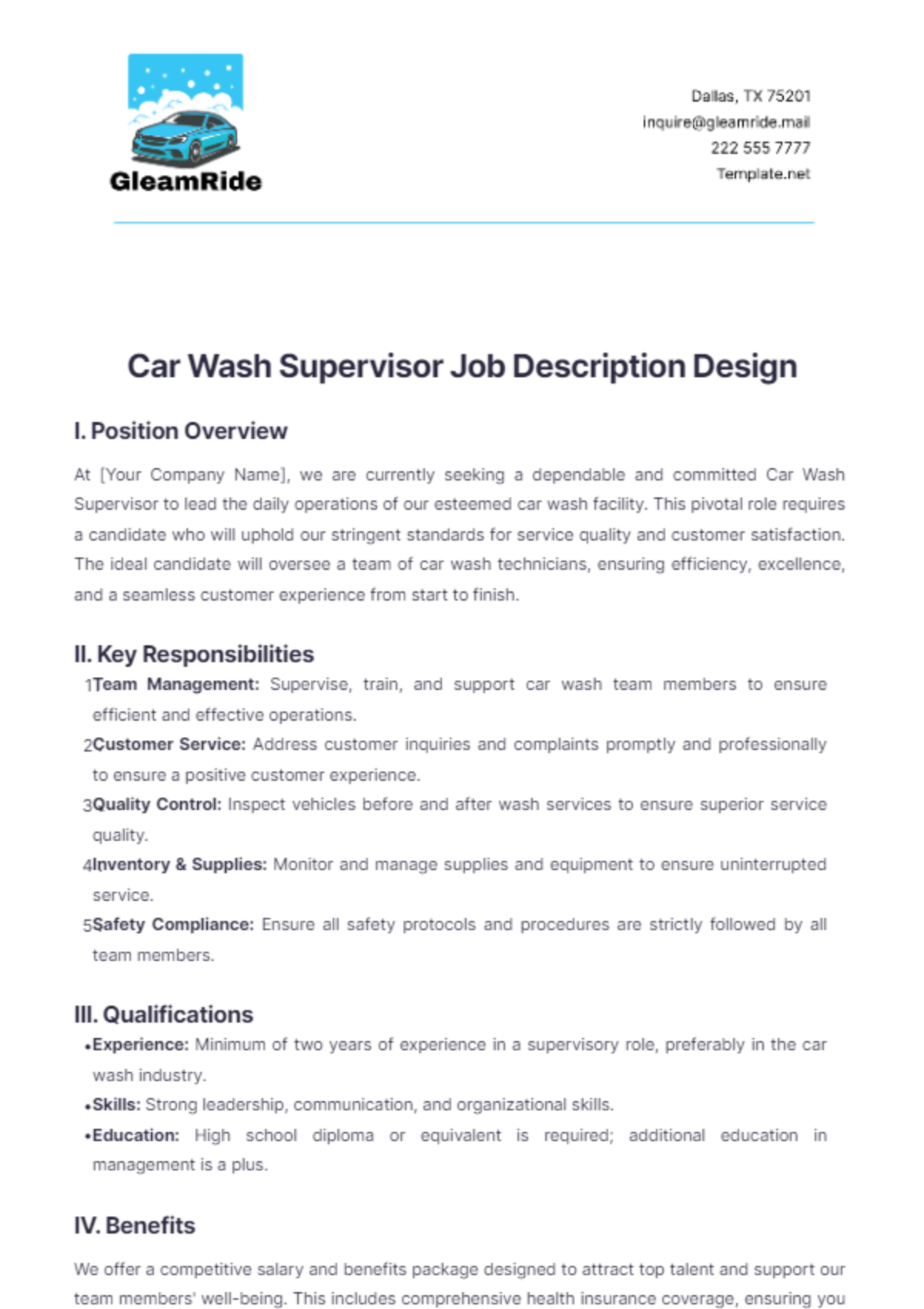 Car Wash Supervisor Job Description Design Template - Edit Online & Download