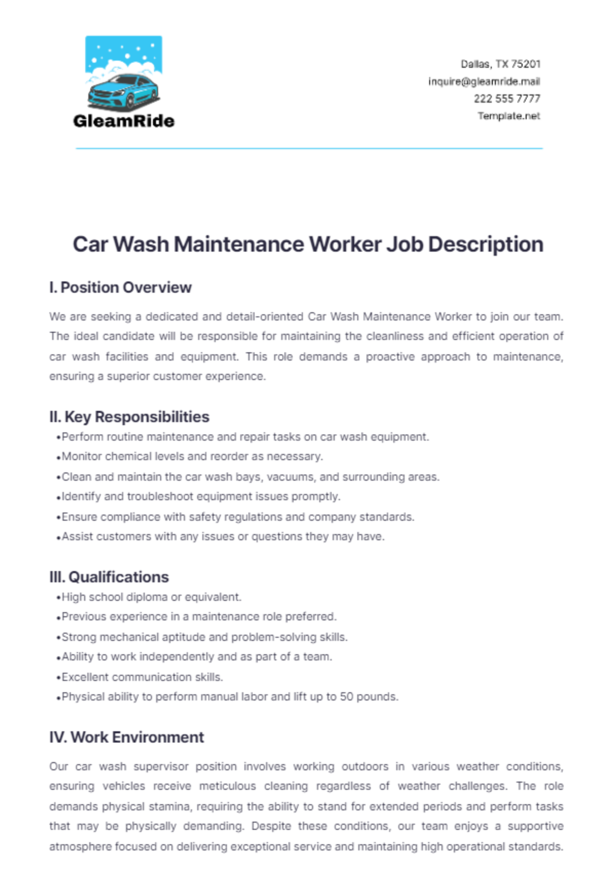 Car Wash Maintenance Worker Job Description Template - Edit Online & Download