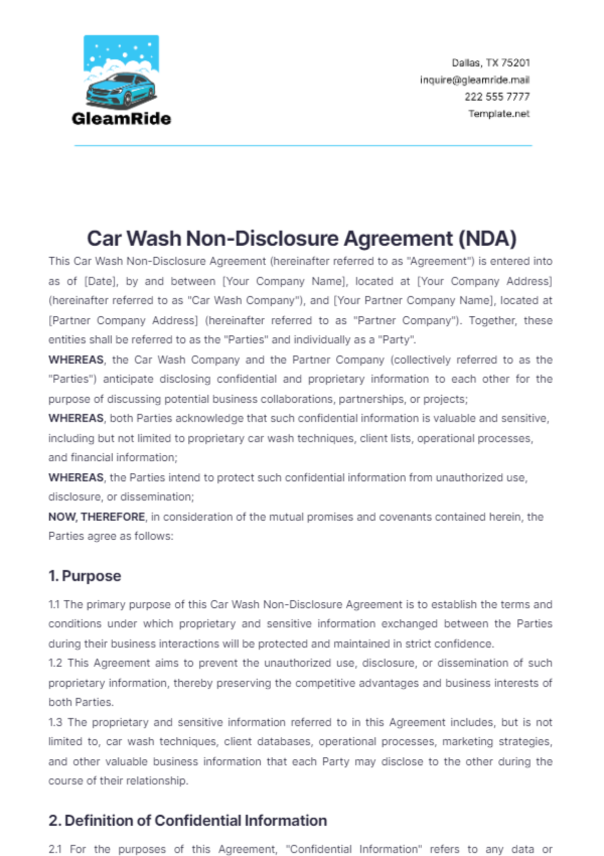 Car Wash Non-Disclosure Agreement Format Template - Edit Online & Download