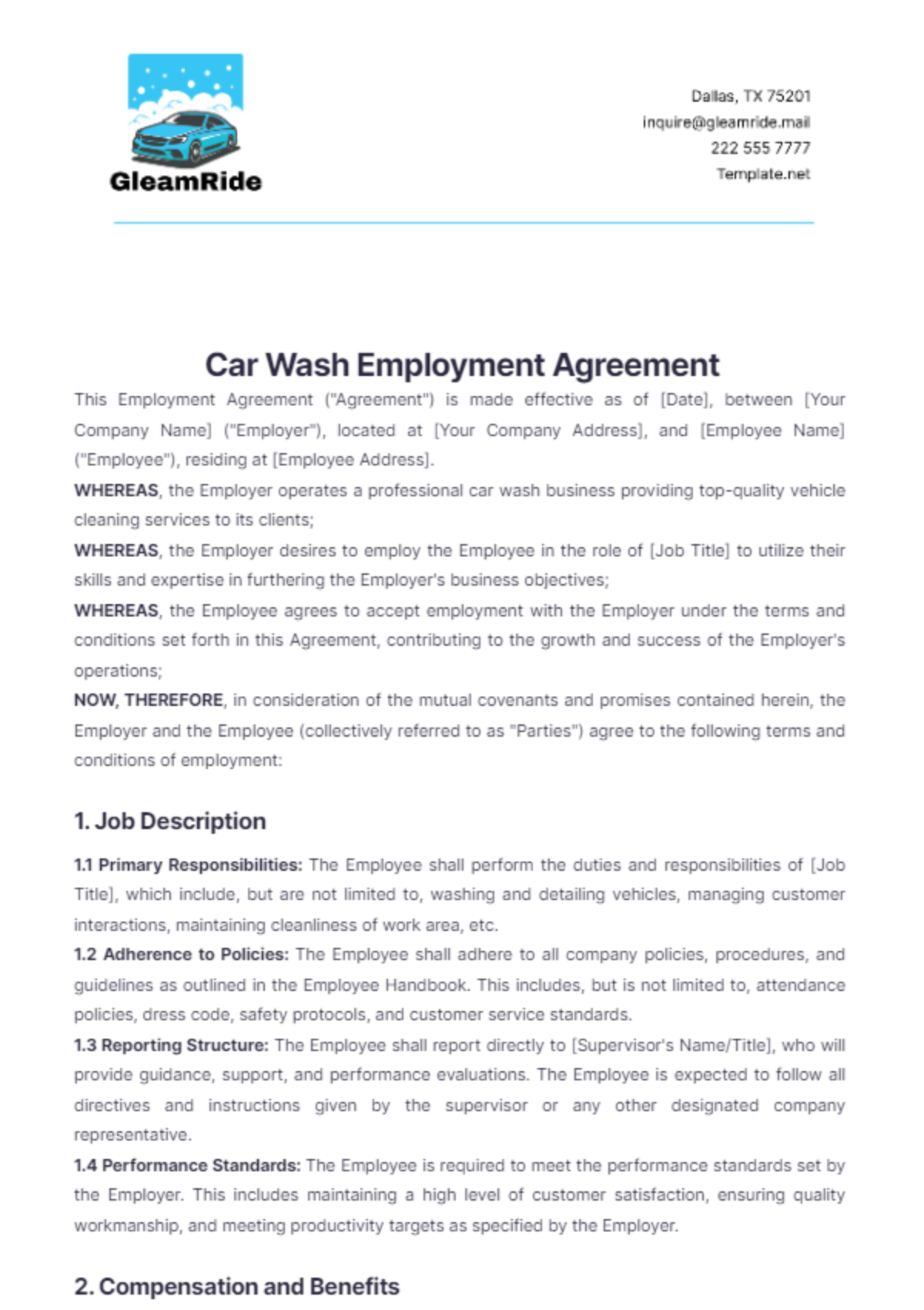 Car Wash Employment Agreement Sample Template - Edit Online & Download