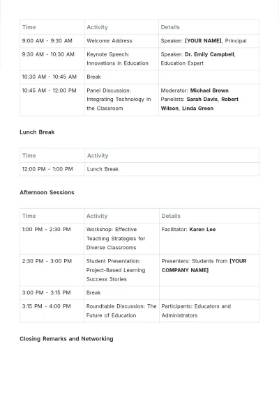 Free High School Conference Agenda Template to Edit Online