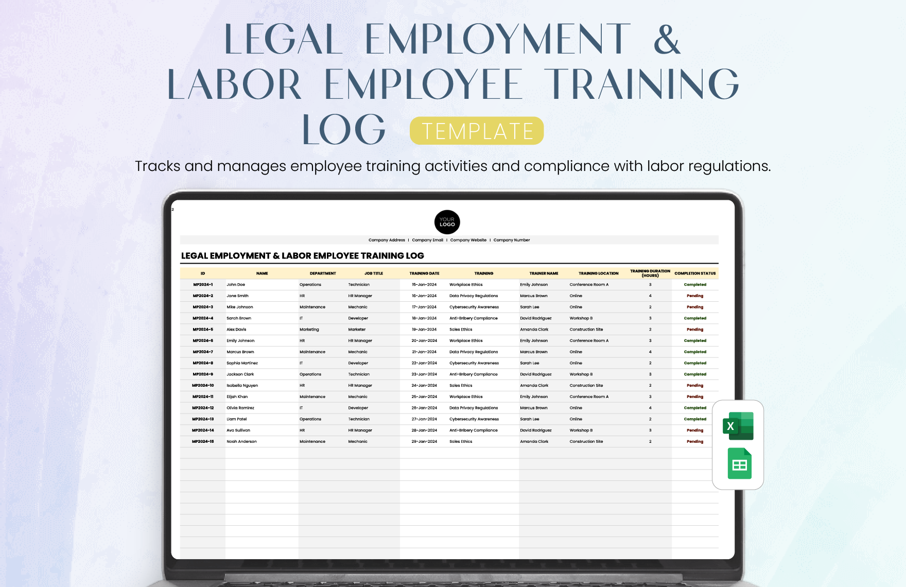 Legal Employment & Labor Employee Training Log Template in Excel, Google Sheets