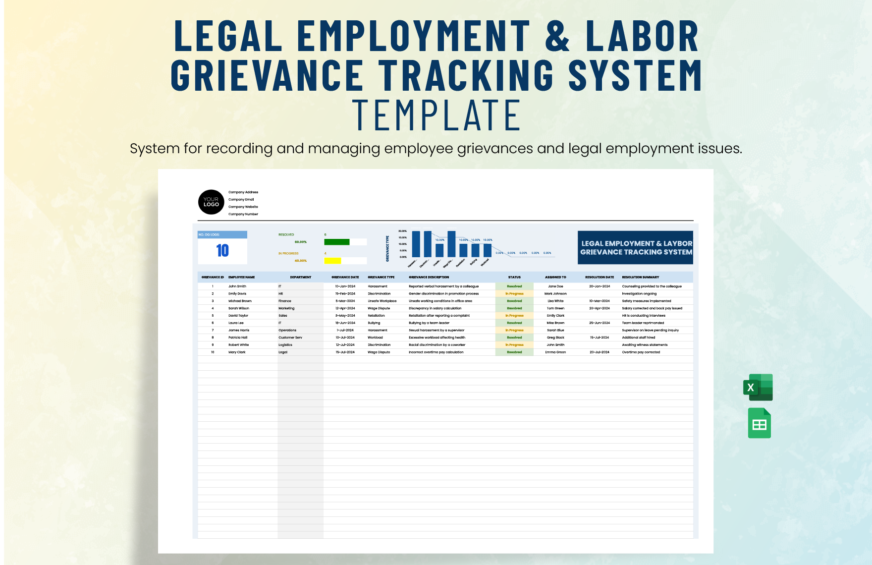 Legal Employment & Labor Grievance Tracking System Template in Excel, Google Sheets