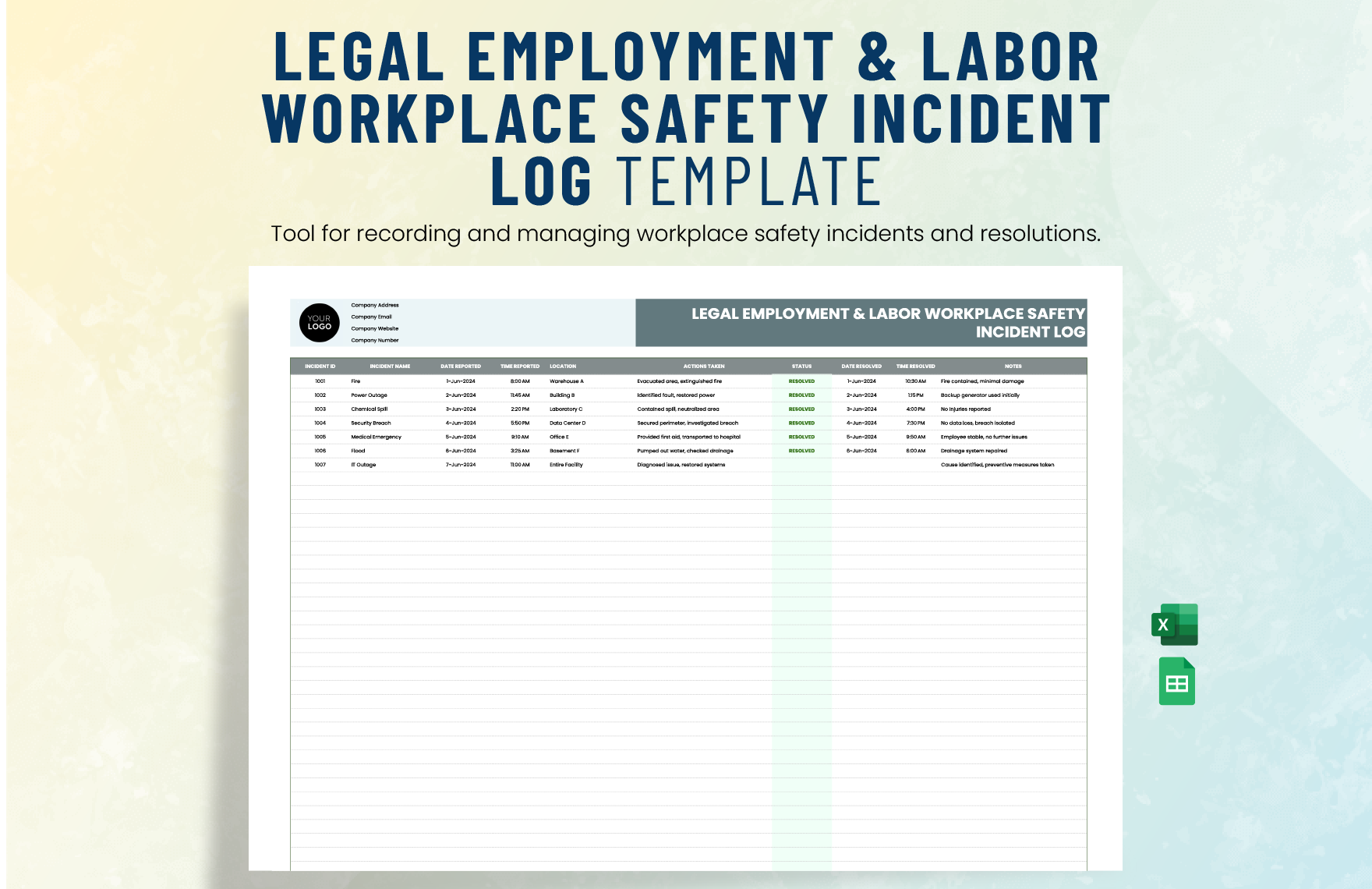 Legal Employment & Labor Workplace Safety Incident Log Template in Excel, Google Sheets