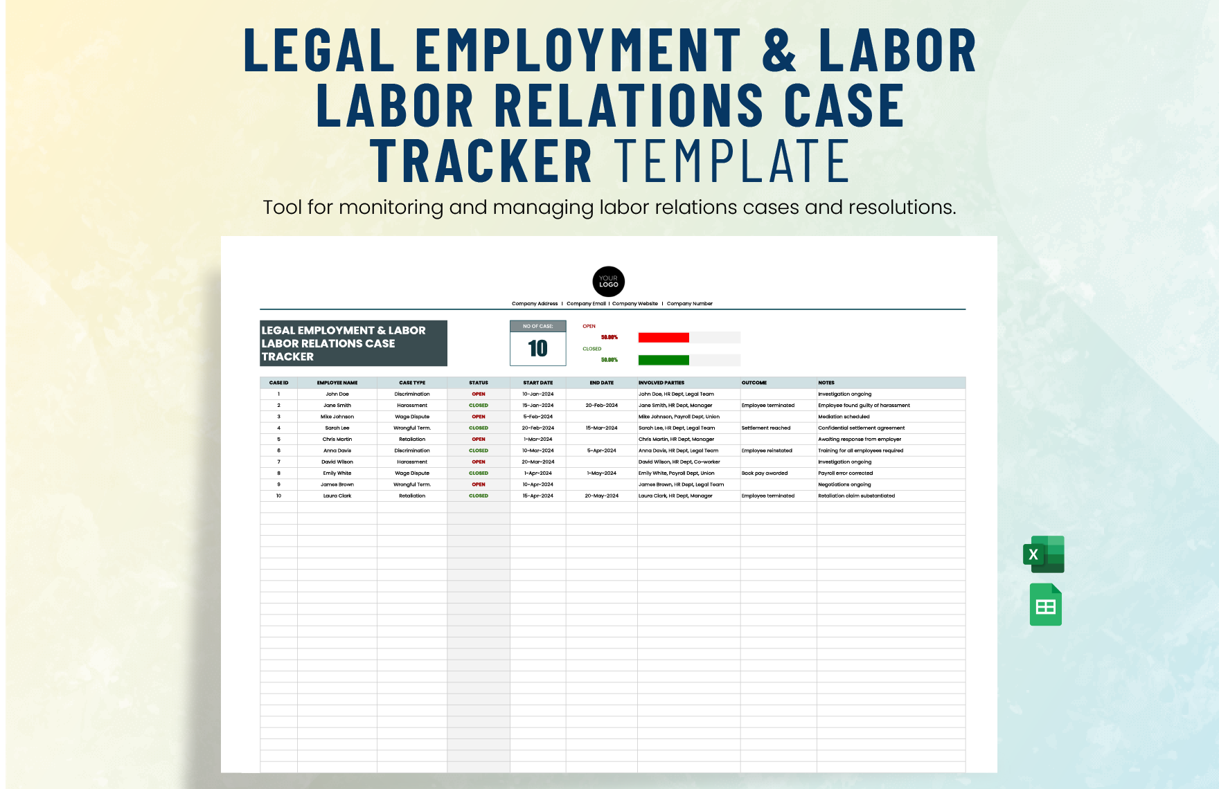 Legal Employment & Labor Labor Relations Case Tracker Template in Excel, Google Sheets