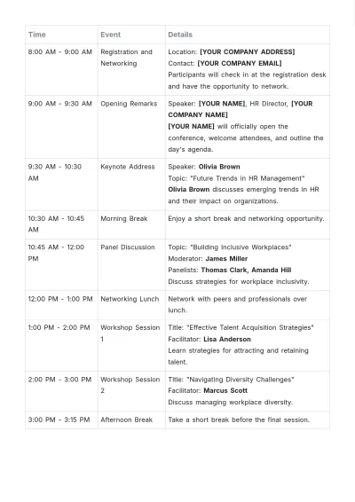 Free HR Conference Agenda Template to Edit Online