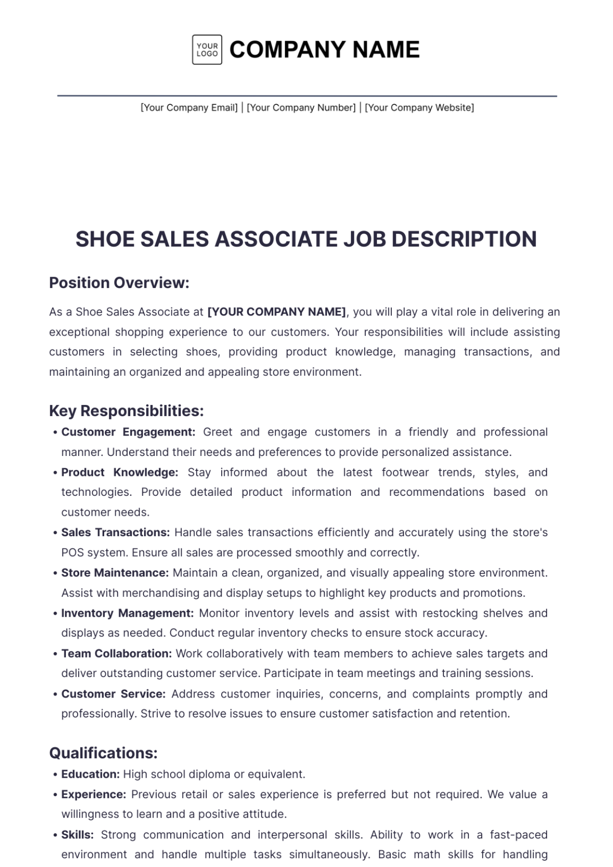 Free Shoe Sales Associate Job Description Template Edit Online