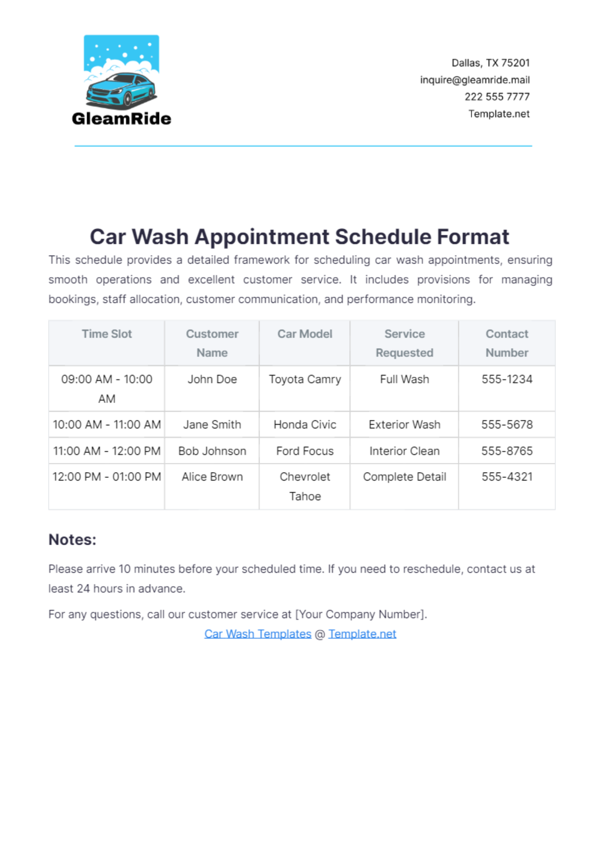 Car Wash Appointment Schedule Format Template - Edit Online & Download