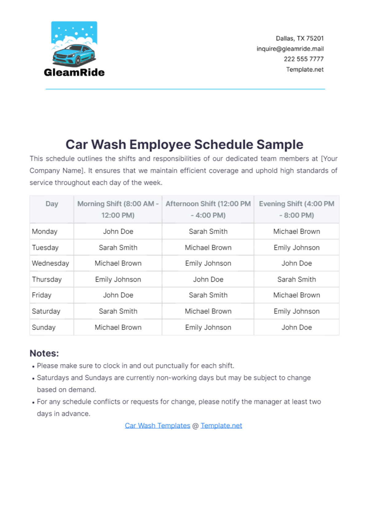 Car Wash Employee Schedule Sample Template - Edit Online & Download