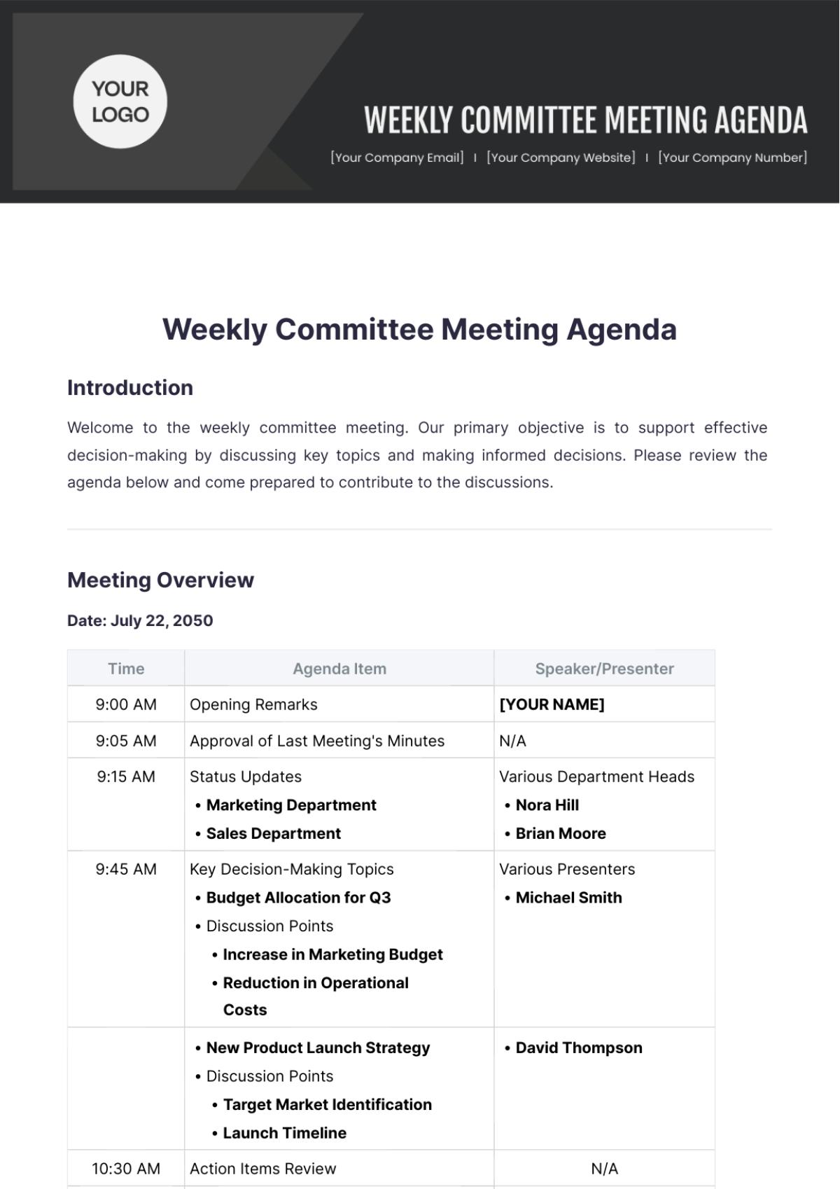 Weekly Committee Meeting Agenda Template - Edit Online & Download