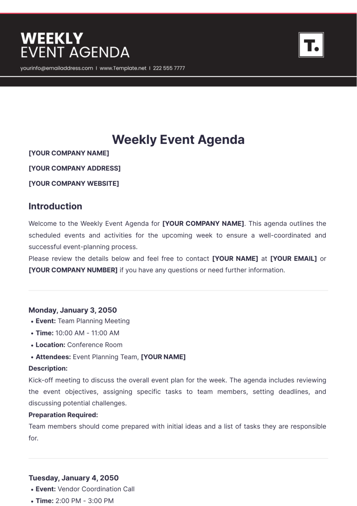 Weekly Event Agenda Template - Edit Online & Download