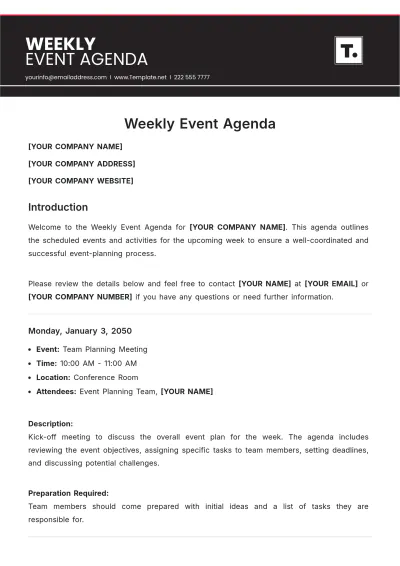 Free Weekly Event Agenda Template to Edit Online