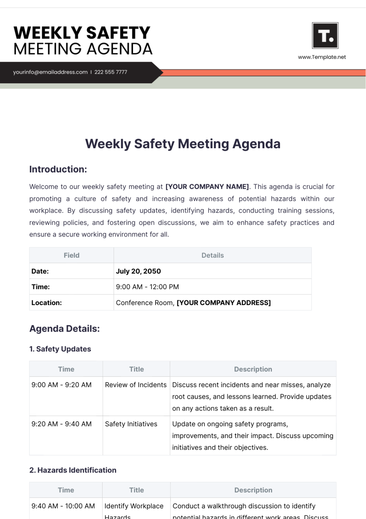 Weekly Safety Meeting Agenda Template - Edit Online & Download