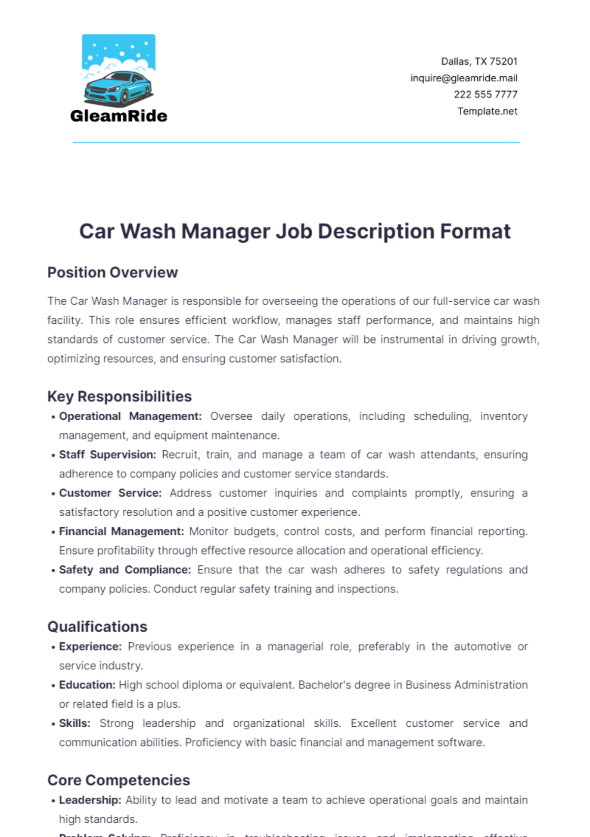 Car Wash Manager Job Description Format Template - Edit Online & Download