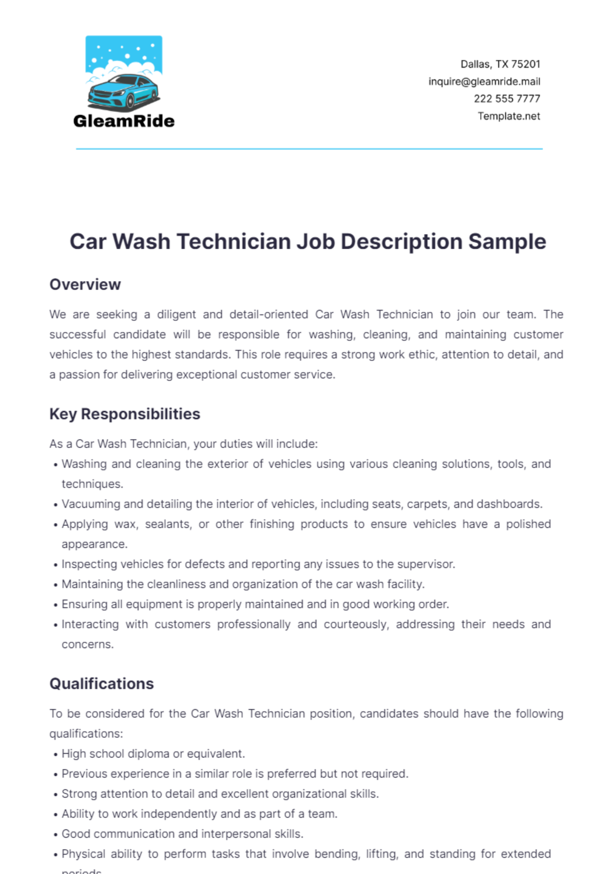 Car Wash Technician Job Description Sample Template - Edit Online & Download