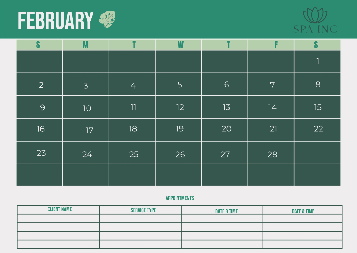 Free Spa Monthly Calendar Template to Edit Online