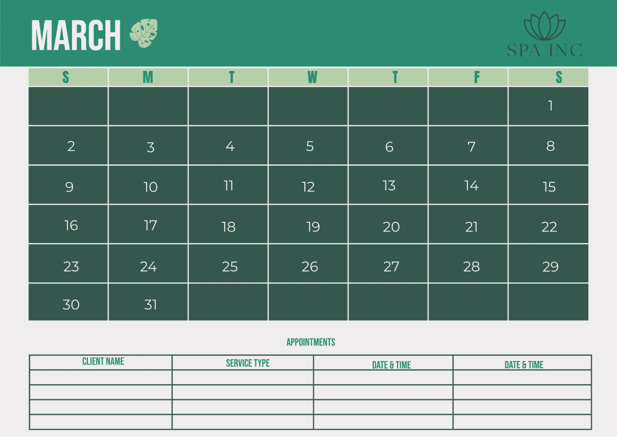 Free Spa Monthly Calendar Template to Edit Online