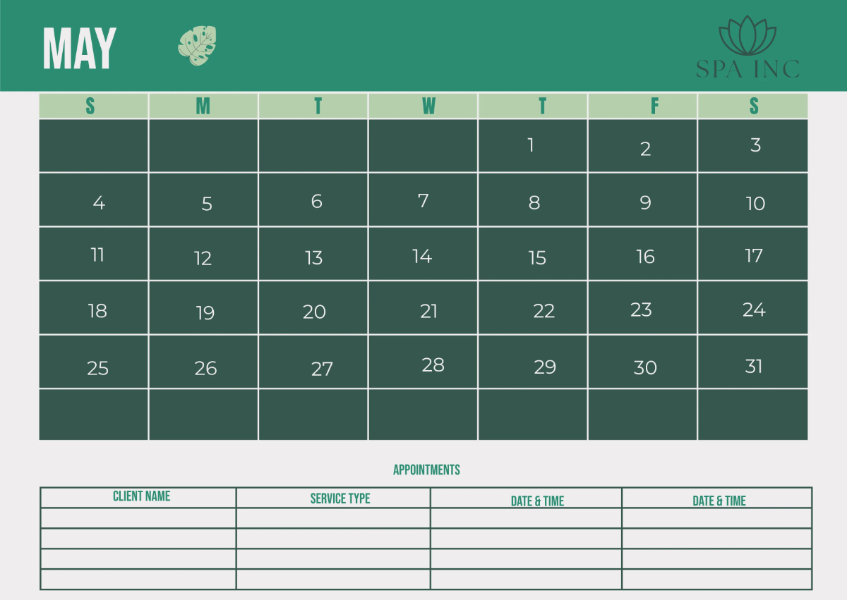 Free Spa Monthly Calendar Template to Edit Online