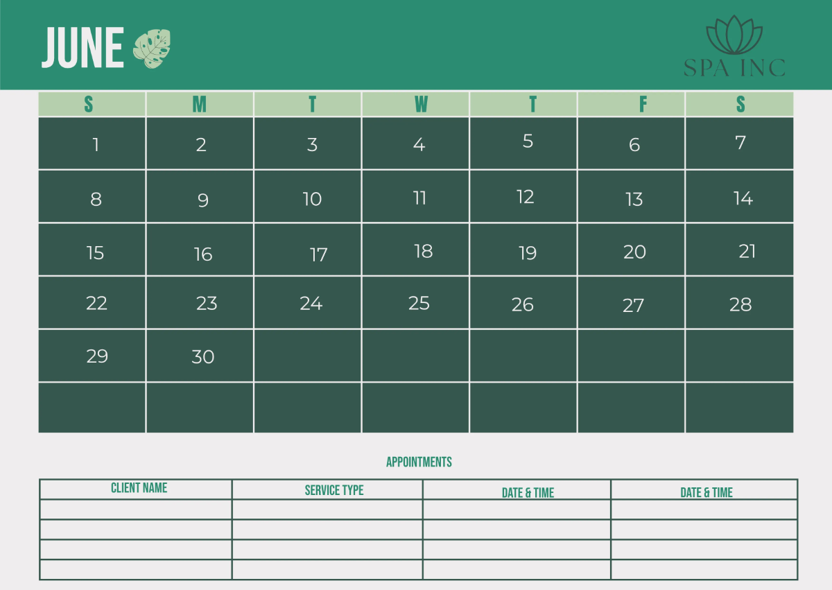 Free Spa Monthly Calendar Template to Edit Online