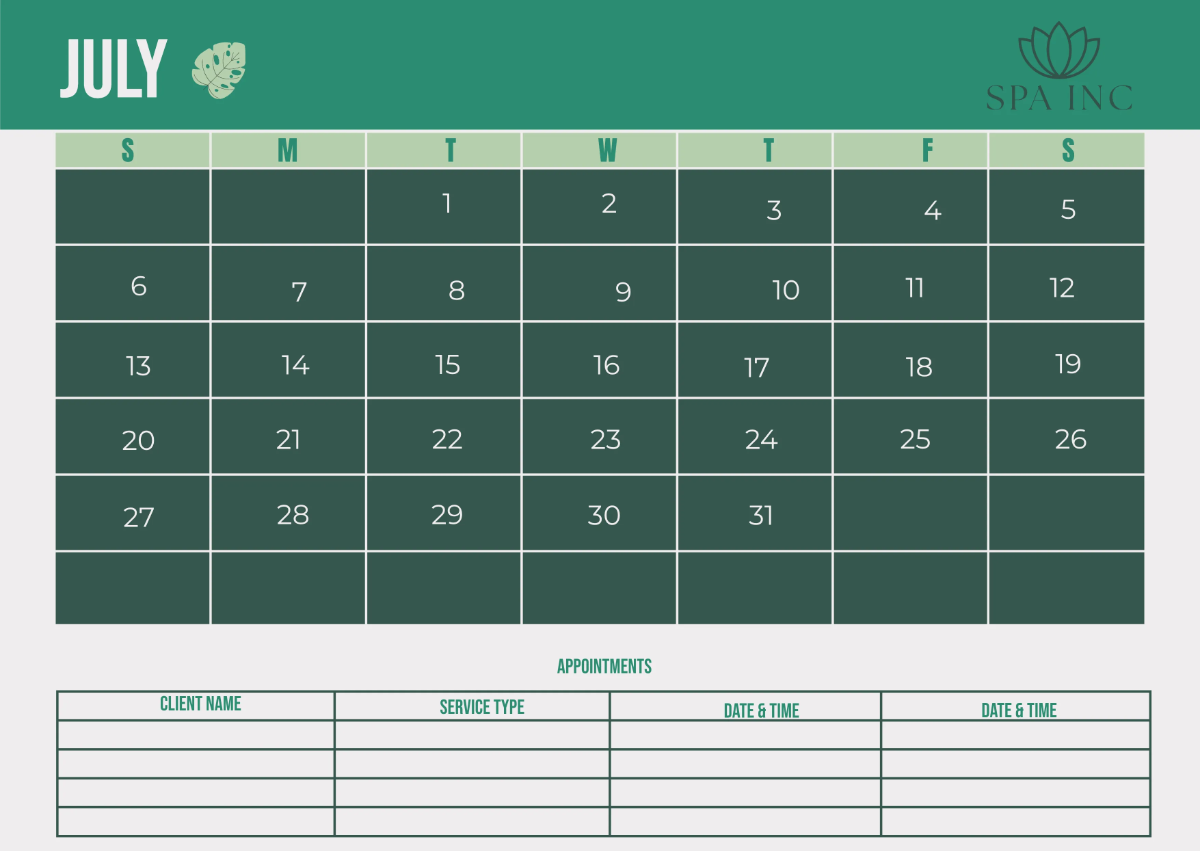 Free Spa Monthly Calendar Template to Edit Online