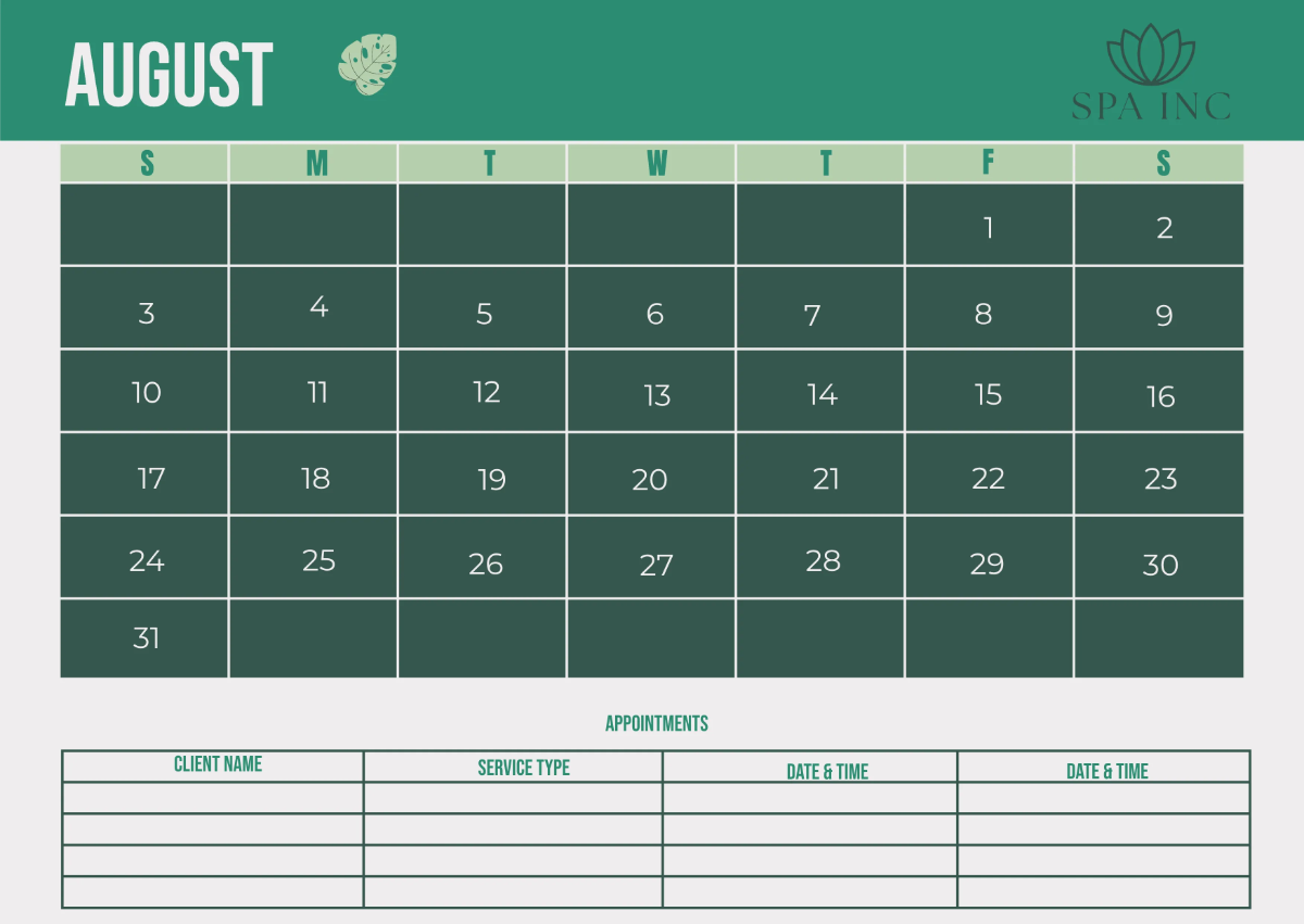 Free Spa Monthly Calendar Template to Edit Online