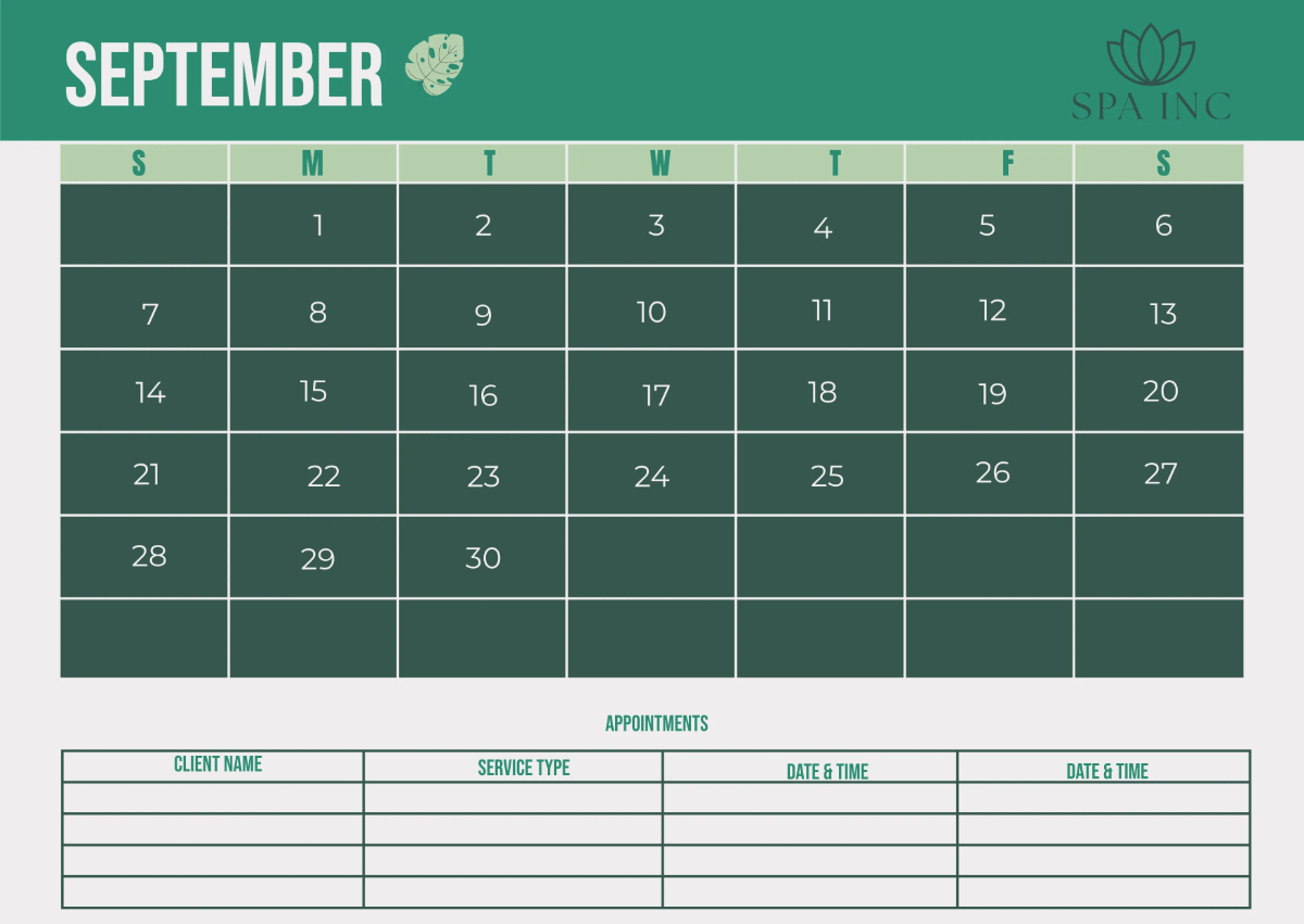 Free Spa Monthly Calendar Template to Edit Online