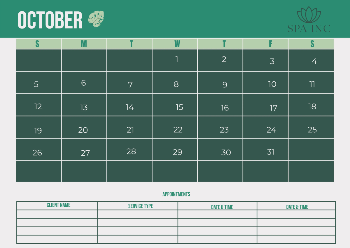 Free Spa Monthly Calendar Template to Edit Online