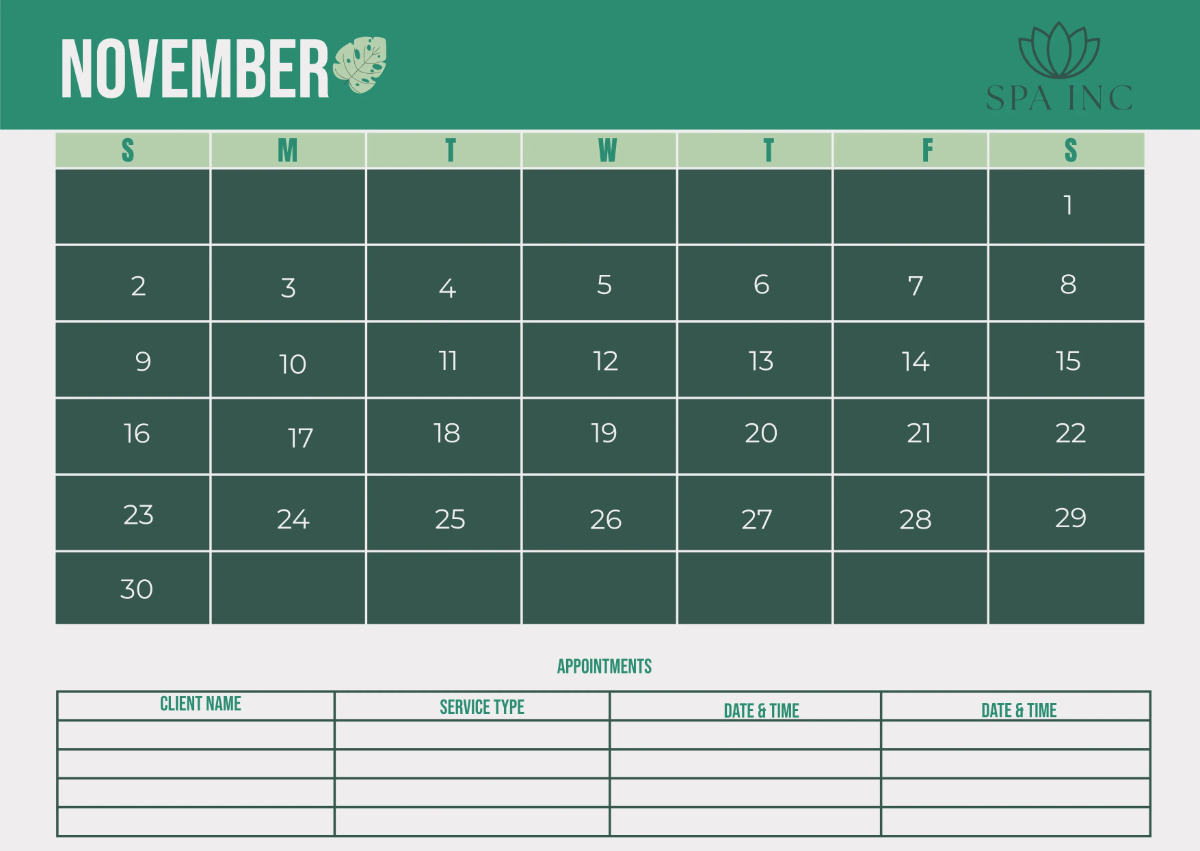 Free Spa Monthly Calendar Template to Edit Online