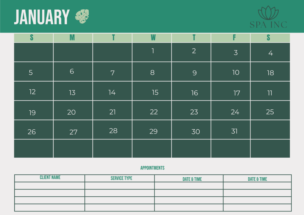 Spa Monthly Calendar